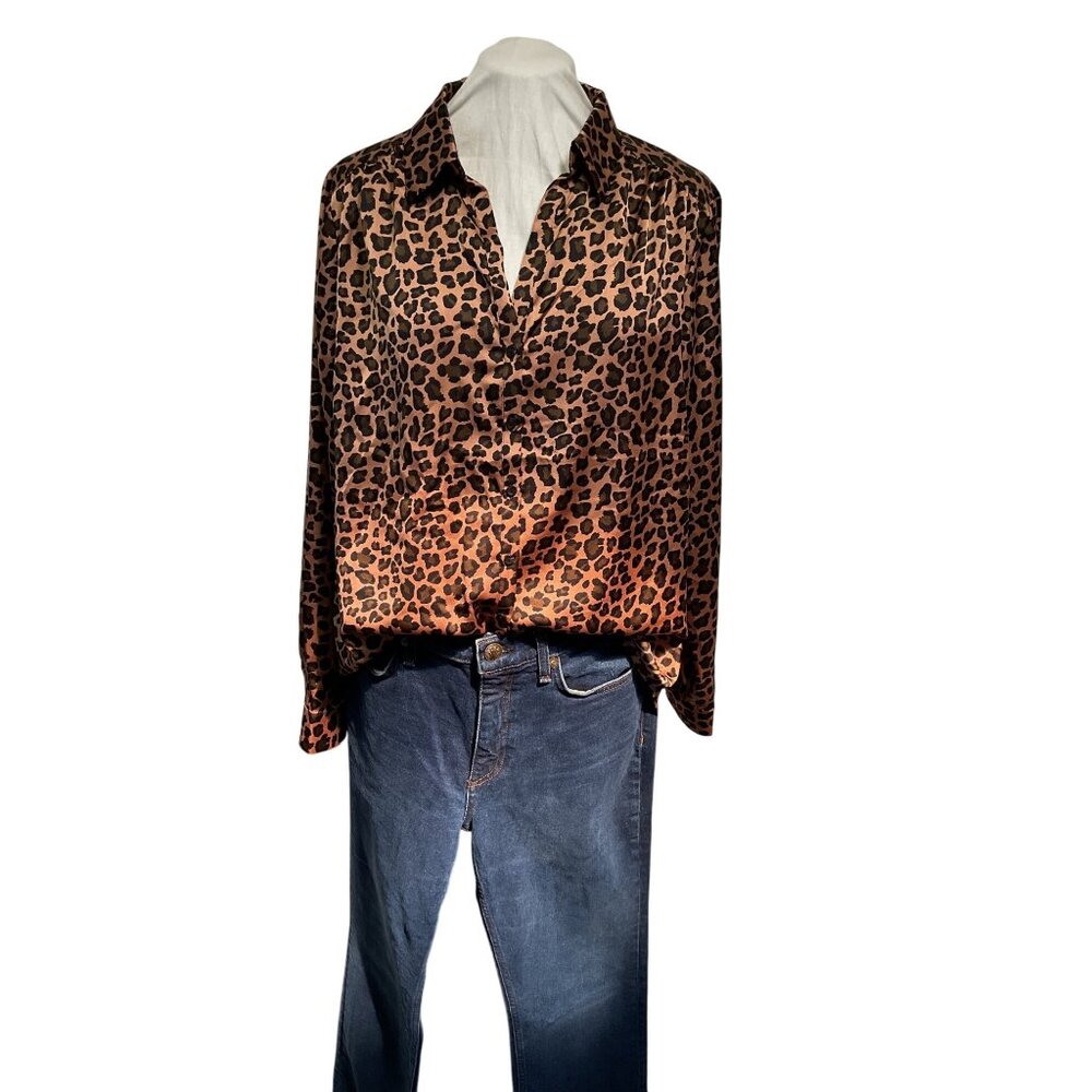 Pleione Leopard Print Satin Blouse XL Button-Down Long Sleeve Lightweight Womens - Picture 5 of 6